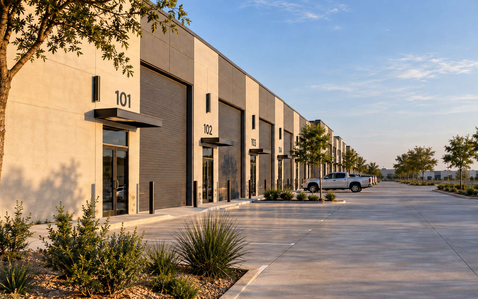 Conjunto de bodegas flexibles contemporáneas con accesos numerados del 101 al 104 en San Antonio, Texas